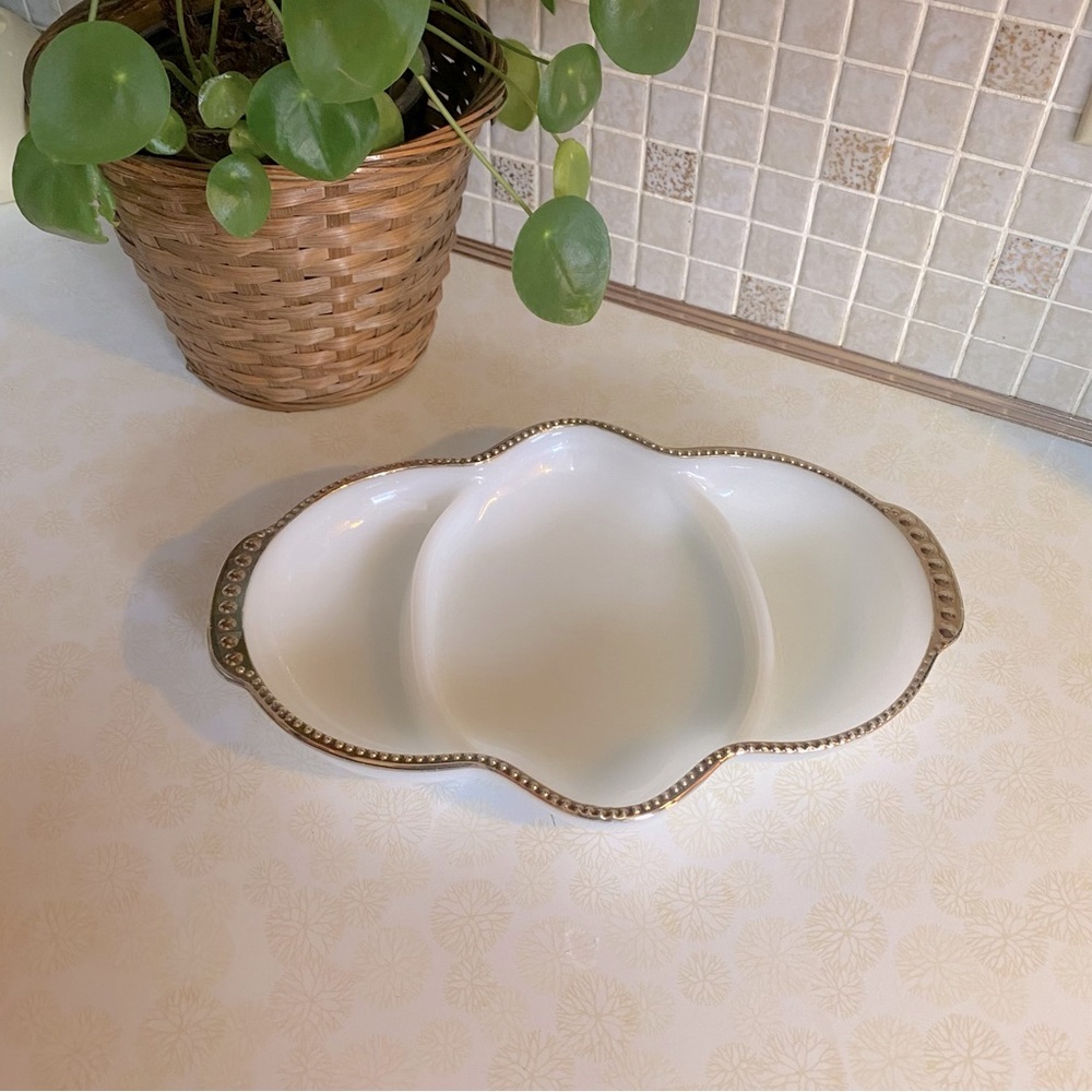 Vintage‎ Fire King Divided gold rimmed milk glass dish